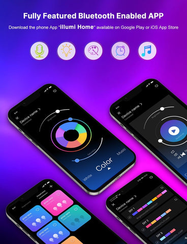 Smart home app interface on multiple smartphones with a purple gradient background