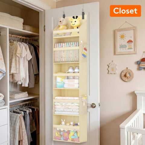 Lifewit 4-Tier Over Door Diaper Organiser, Beige – Space-Saving Hanging Nursery Storage with Mesh Windows