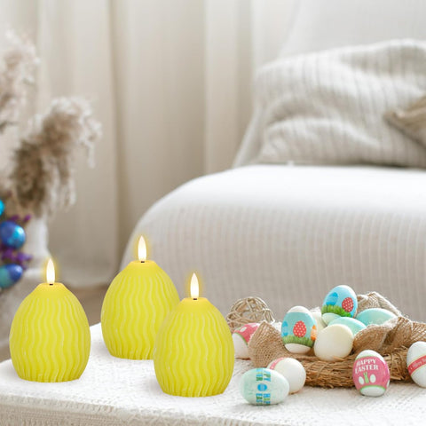 Easter Flameless LED Candles Set of 3, Egg-Shaped Real Wax Flickering Candles with 3D Wick & 5-Hour Timer, Battery Operated Dinner Table Decor (Yellow, 2.4″ x 5″)