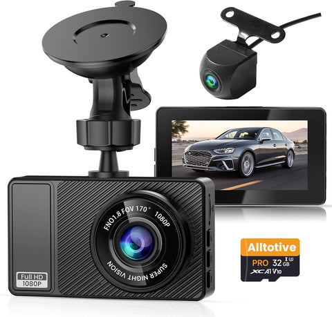 Alltotive 1080P Dual Dash Cam Front and Rear with 32GB SD Card
