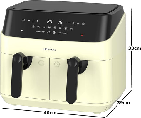 Dual Air Fryer 9L Extra Large Family Size – Double Drawer, 8 Preset Menus, Oil-Free Low Fat Cooking, 99-Min Timer, Cream Finish