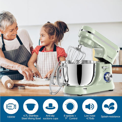 Stand Mixer 5QT 1000W Tilt-Head Kitchen Mixer – 8 Speed Electric Food Mixer with Dough Hook, Whisk, Beater & Bowl – Green