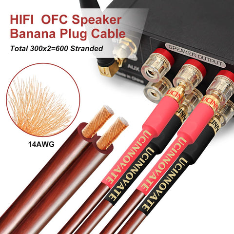 Speaker Wire Cable with Banana Plug, 2 Pack High-end Pure Copper 1.5m Gold-Plated Banana Tip Plugs Male to Male 600 Strand Speaker Cable Audio HIFI System 4.9FT
