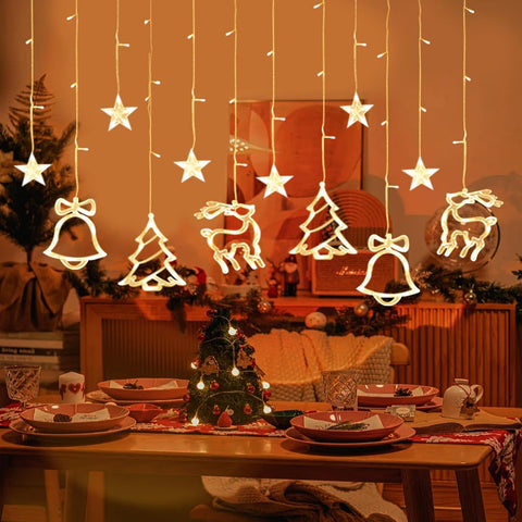 3.5m LED Christmas Curtain Lights – 120 Warm White Fairy LEDs with Hanging Stars, Reindeer, Bells & Trees - Turn Your Windows into a Little Christmas Wonderland