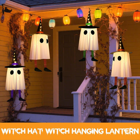 CNMTCCO Halloween Hanging Ghost Decorations 3 Pack – Light Up Witch Hat Ghosts with Multicolour LEDs for Indoor & Outdoor Halloween Party Décor