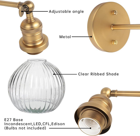 Vintage Wall Light Sconce with Clear Striped Glass Globe Shade, Modern Indoor Wall Vanity Light Fixture for Bathroom Living Room Bedroom