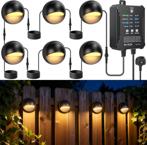 LightingWill Garden Lights Mains Powered with Timer and Photocell Sensor, 6 Pack LED Fence Lights, 3000K Warm White, IP67 Low Voltage Garden Lights for Fence, Yard, Patio, Pathway