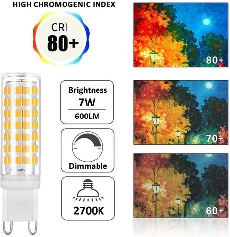 G9 7W Dimmable LED Bulbs, Warm White 2700K, 6-Pack, 600LM, Energy Saving, Halogen Replacement