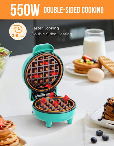 **Blazant Mini Waffle Maker – 4 Inch Nonstick Compact Waffle Iron, 550W, Portable Breakfast Chaffle & Snack Maker, Blue