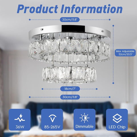 11.8" Modern Crystal Chandelier LED Flush Mount Ceiling Light Remote