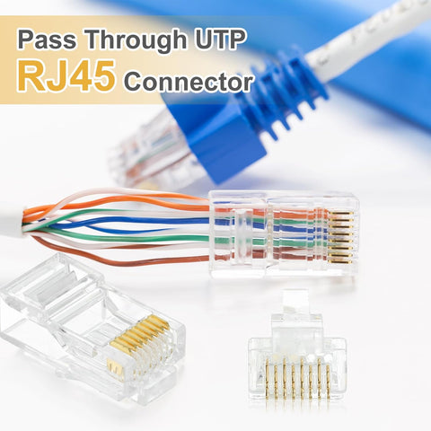 sourcing map 100pcs Cat6 RJ45 Pass Through Connectors, RJ45 Crimp Connector 8P8C Gold Plated Plugs for Solid or Stranded UTP Ethernet Cable