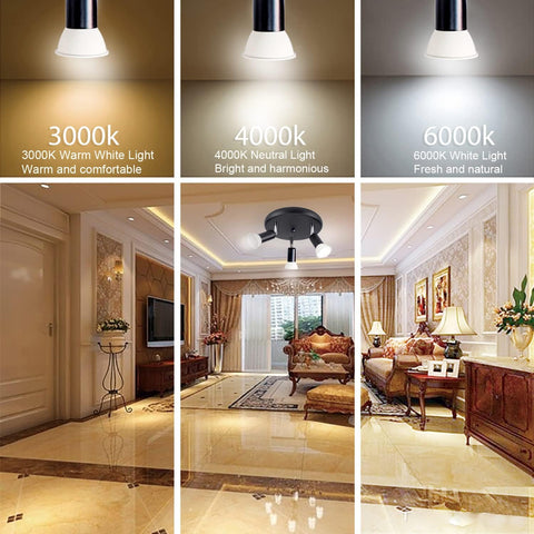 Lighting fixture with different color temperatures displayed in a living room setting.