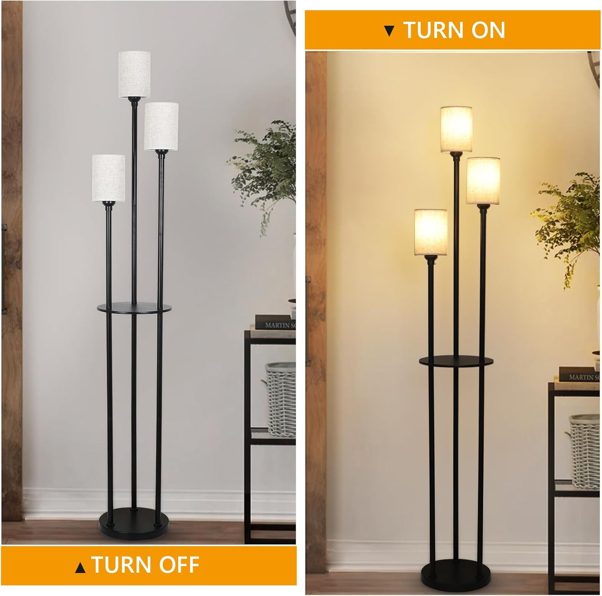 Floor lamp with two light bulbs, one on and one off, in a room setting.