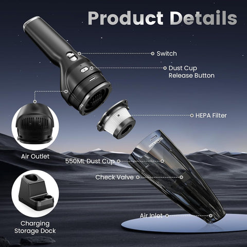 HOMEKANE Handheld Vacuum Cleaner Cordless 10000Pa Black & Silver