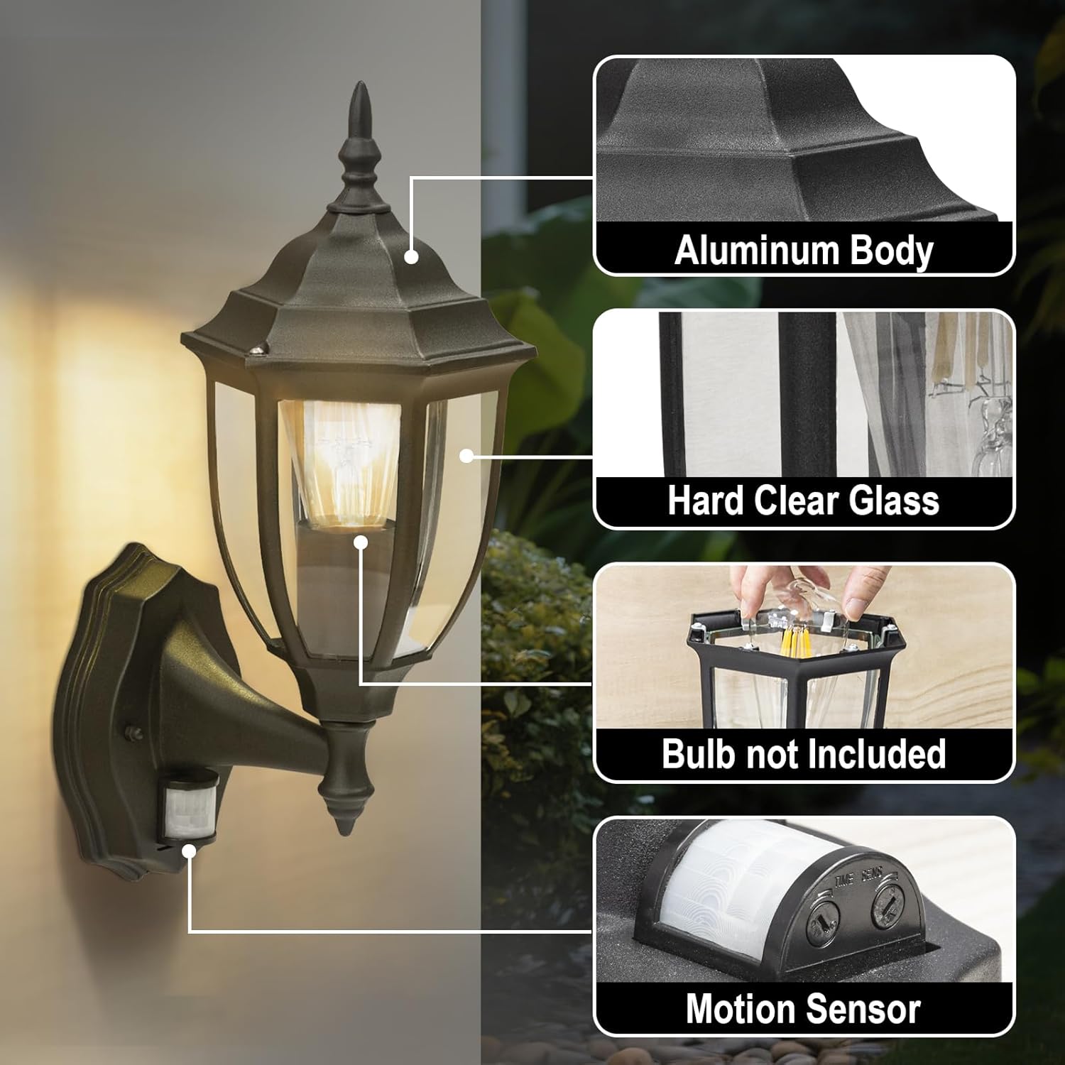 Outdoor wall light fixture with labeled components on a blurred background