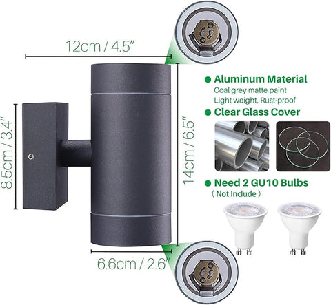 Outdoor Wall Light – IP54 Waterproof Up & Down Exterior Wall Sconce, Anthracite Aluminium, GU10 Mains Powered, 1 Pack