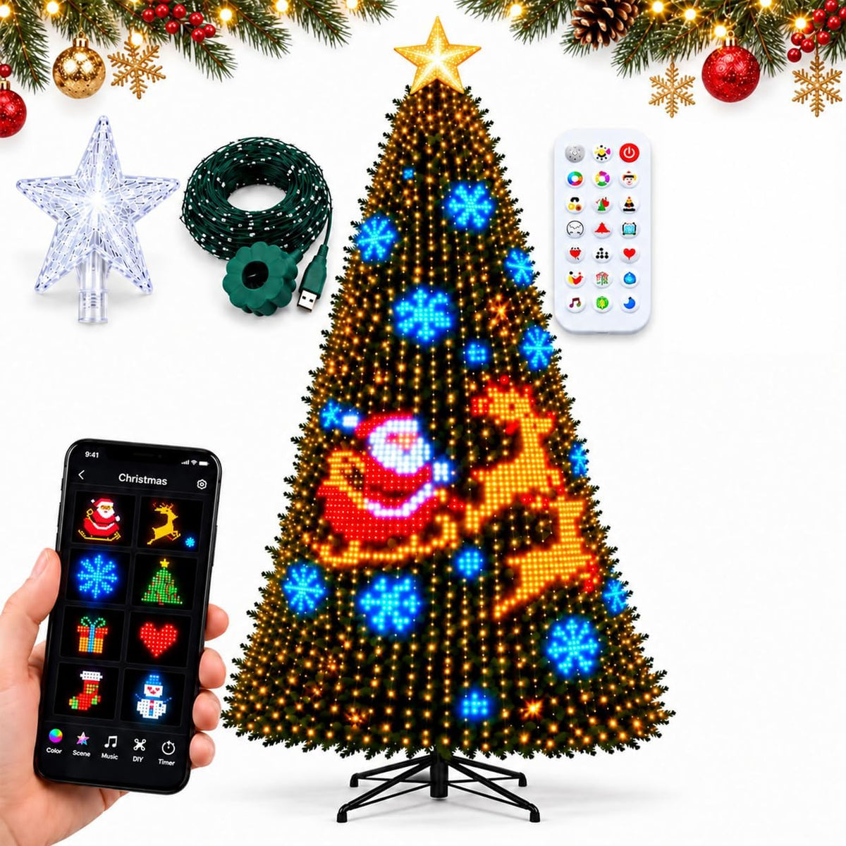 Smart Christmas Tree Lights – 400 Addressable Multicolour LEDs with App & Remote Control, 200+ Effects, USB Powered – Make Your Christmas Tree the Star of the Room