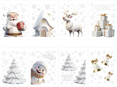 8 Sheets 3D White Christmas Window Stickers – Static Cling Snowflake Window Decals for Holiday Home & Shop Decoration