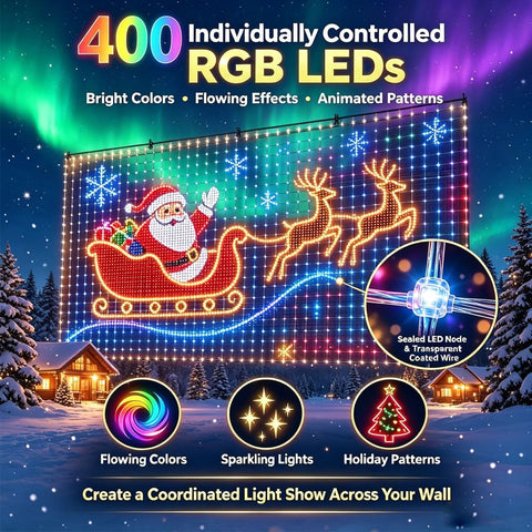 3M × 3M Christmas LED Net Lights – 400 RGB Outdoor Mesh Lights with 6 Modes, Timer & Remote Control - Turn Your House Into a Festive Light Show
