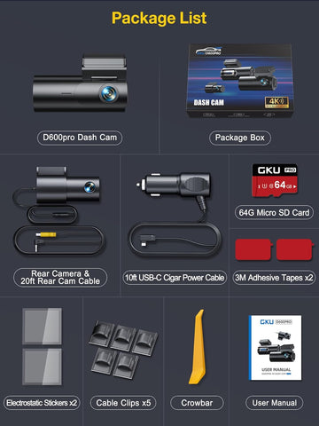 GKU D600Pro 4K+1080P Dual Dash Cam Front & Rear with GPS