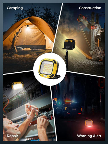 Collage of a work light in various settings including camping, construction, repair, and warning alert.