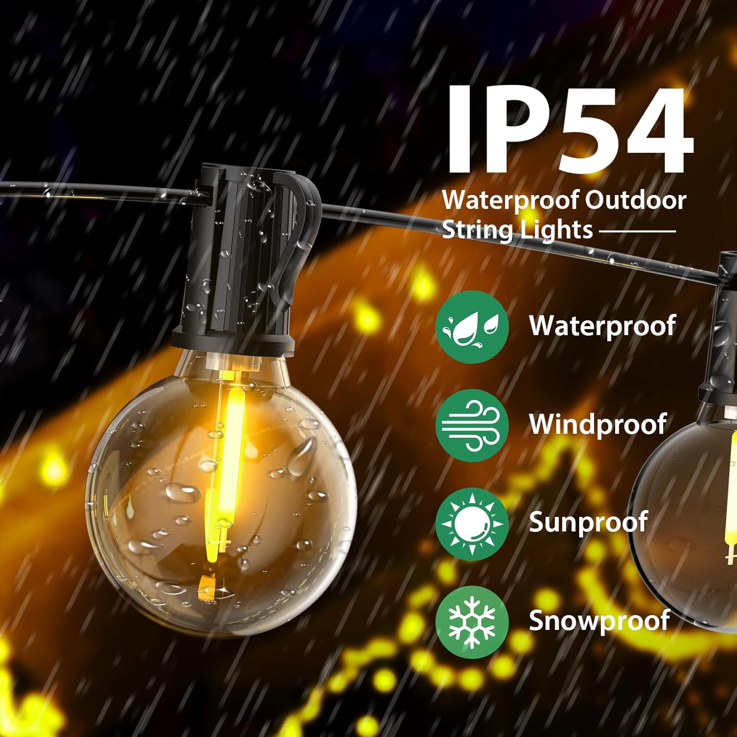 Waterproof outdoor string lights with raindrops on a dark background