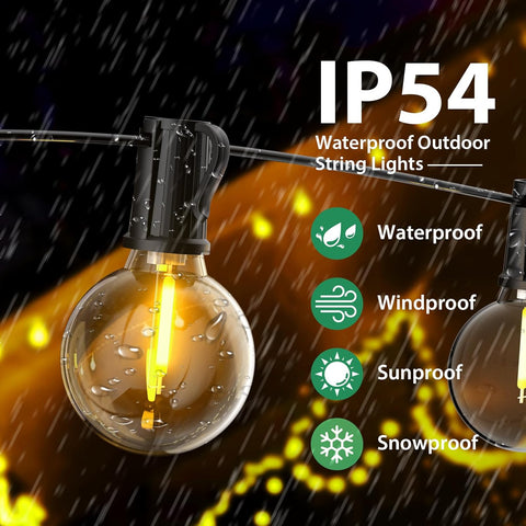 Waterproof outdoor string lights with raindrops on a dark background