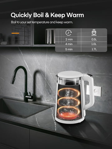 1.7L Glass Electric Kettle with 5 Temperature Control, 2200W Fast Boil, Keep Warm, Auto Shut-Off & LED Lights – White