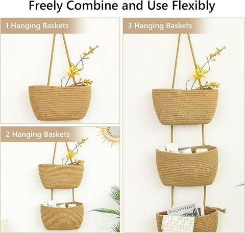 TFLPUO 3-Tier Hanging Storage Baskets, Khaki Cotton Rope Woven Door and Wall Organiser for Bedroom, Bathroom, Kitchen and Nursery
