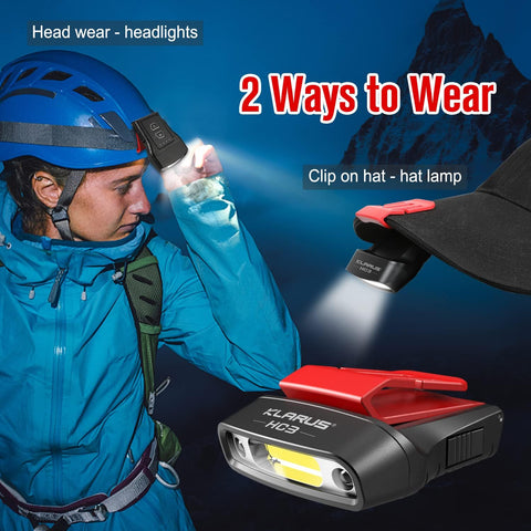 Person wearing a helmet with a headlight, showing two ways to wear it, against a dark background.