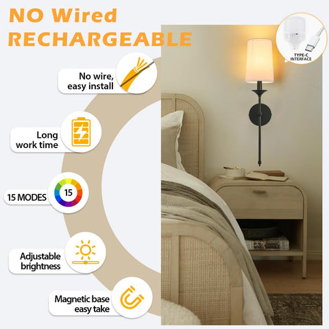 Operated Wall Lights Set of 2 Black Candlestick Powered Sconce with 15 Color Dimmable Remote Control Wireless Lighting, Rechargeable Wall Lights for Indoor Bedroom