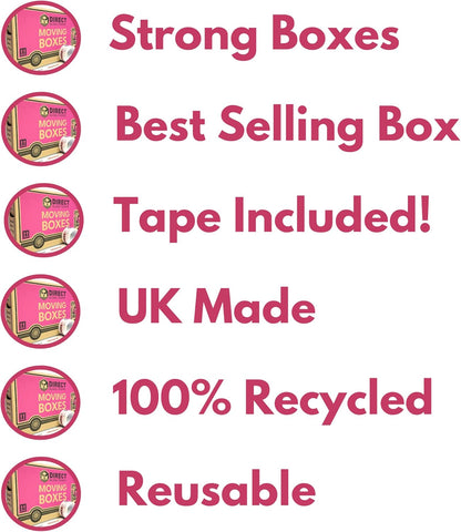 25 Strong Large Cardboard Storage Packing Moving House Boxes with Fragile Tape 52cm x 30cm x 30cm 47 Litres Carry Handles and Room List