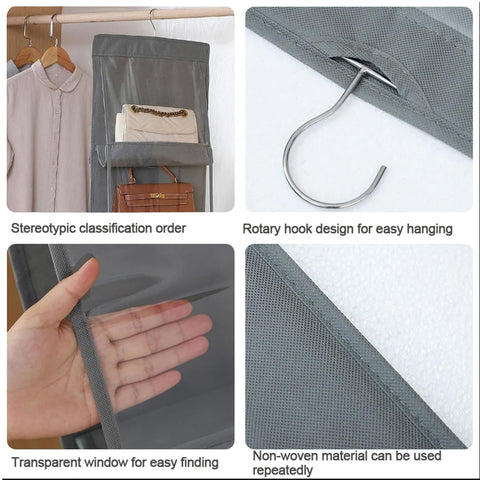 CJWLKJ 10-Pocket Hanging Handbag Organiser – Grey Clear Storage Holder for Wardrobes and Closets