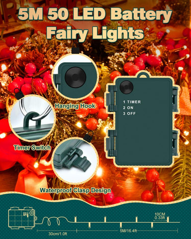 Festive Lights 5m Red Orange Yellow Battery Christmas Fairy Lights – 50 LED Waterproof String Lights with 6-Hour Timer for Christmas Trees, Wreaths, Gardens & Home Decorations