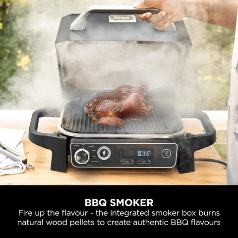 Woodfire Electric BBQ Grill & Smoker – 7-in-1 Outdoor Grill, Air Fryer, Roast, Bake, Dehydrate, Portable, Grey/Black