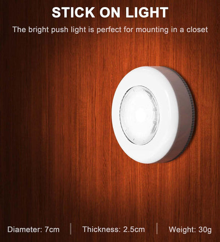 6 Pack Battery Operated Push Lights – Cordless LED Stick-On Lights for Cupboards, Wardrobes, Cabinets & Shelves - Brighten Dark Spaces Without Wires or Drilling