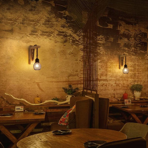 Wooden Wall Light with Hemp Rope, Industrial Wall Sconce Light Indoor, Metal Black Wall Lamp with E27 Socket for Living Room, Bedroom, Hallway, Corridor, Cafe Bar