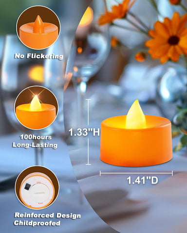 24 Pack Orange Colour Flameless Candles LED Tea Lights Electric Battery Operated No Flicker Long Last 100+ Hours for Halloween, Thanksgiving Day, Home style decoration