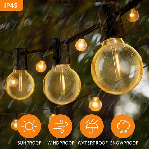 String lights with clear bulbs hanging outdoors in rain, featuring waterproof and snowproof indicators.