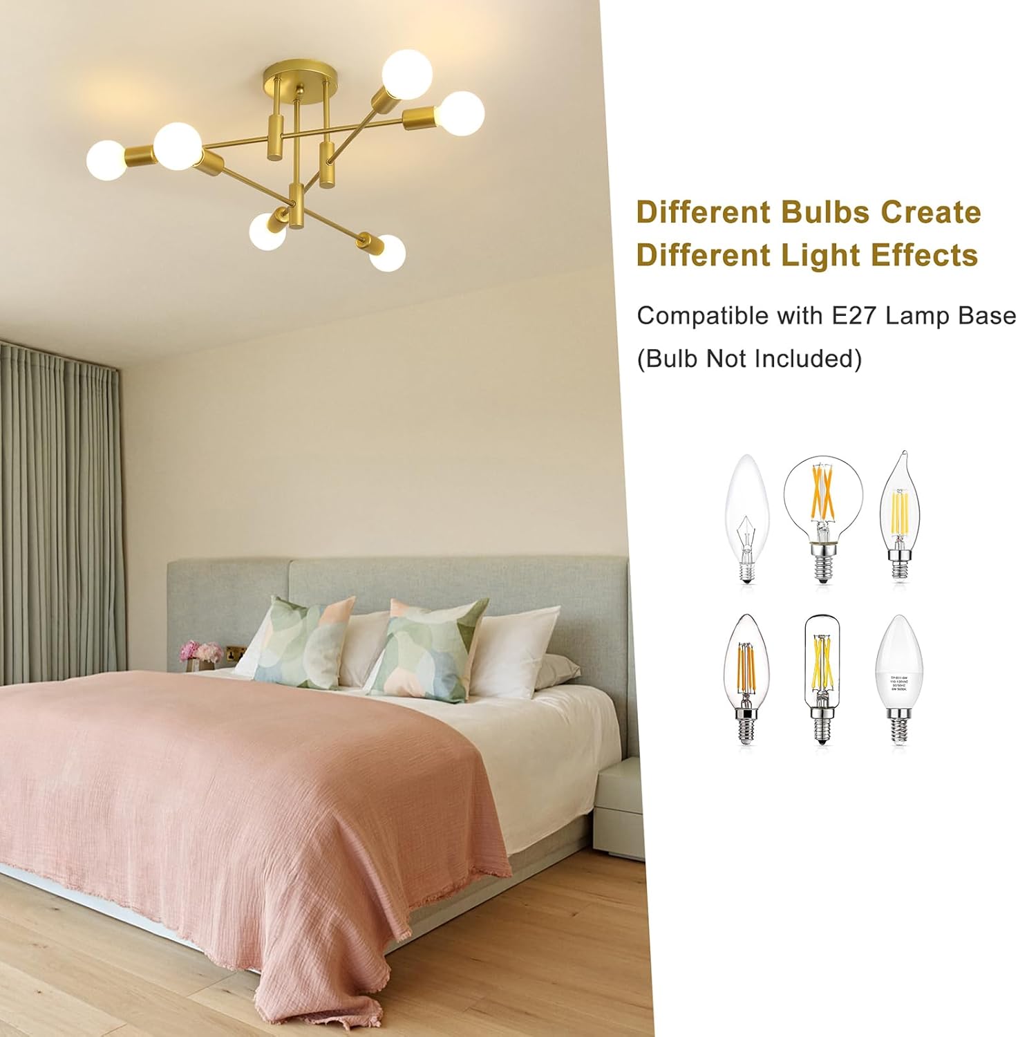 Gold ceiling light fixture in a bedroom with bulb options displayed.