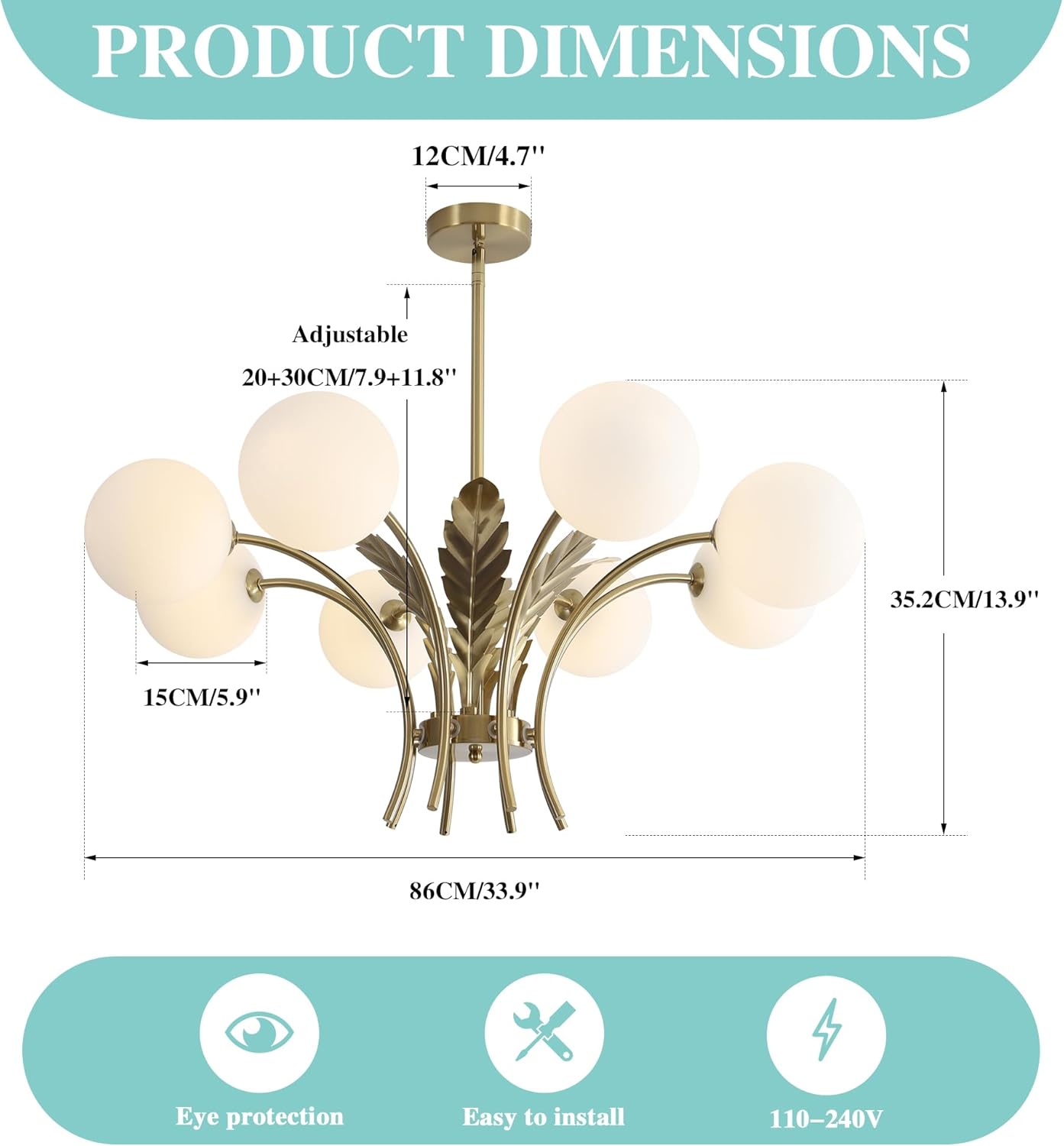 Chandelier with dimensions and features on a white background