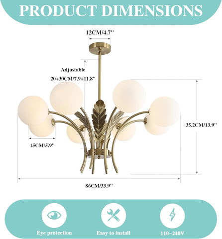 Chandelier with dimensions and features on a white background