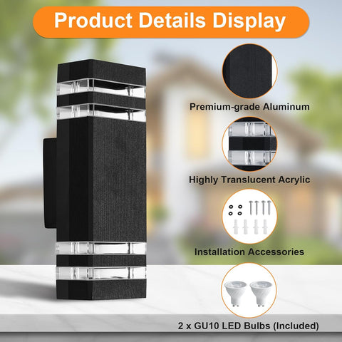Modern Outdoor Wall Lights Mains Powered IP65 Up Down LED Light – Black Square Front Door Exterior Sconce, Weatherproof GU10 Wall Lamp for Porch, Patio & House