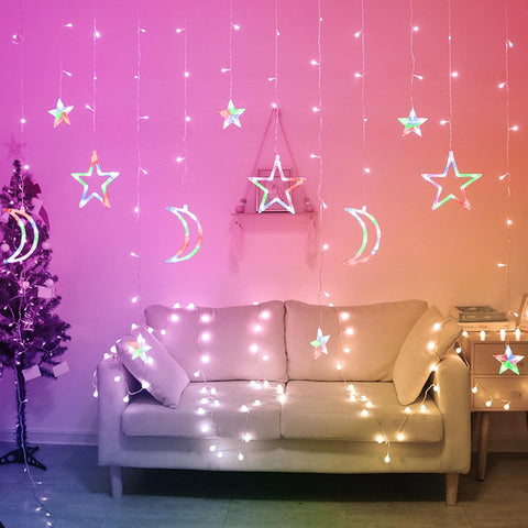 Jsdoin Star Moon LED Curtain Lights 3.5m – 138 LEDs – 8 Modes – Multicolour
