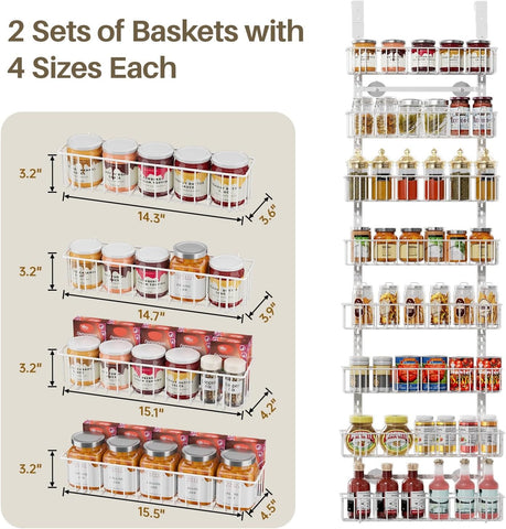 Delamu 8-Tier Over Door Storage Organiser, Adjustable Metal Pantry Shelves, Hanging Spice Rack for Kitchen, Bathroom & Laundry, White