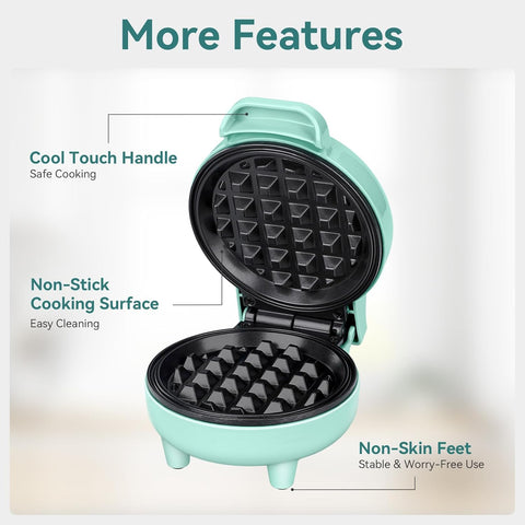 Snailar Mini Waffle Maker – 550W Compact Waffle Iron, Nonstick Coating, Ready Indicator Light, Cool Touch Handle, Easy Clean, Green