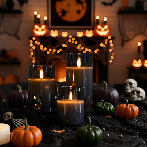 Real Wax LED Candles Flickering, Clear Glass Shell, Grey, Set of 3 500+ Hours Long Lasting Gothic Battery Operated Candles with Remote Control, Timer and Realistic 3D Wick for Halloween Party