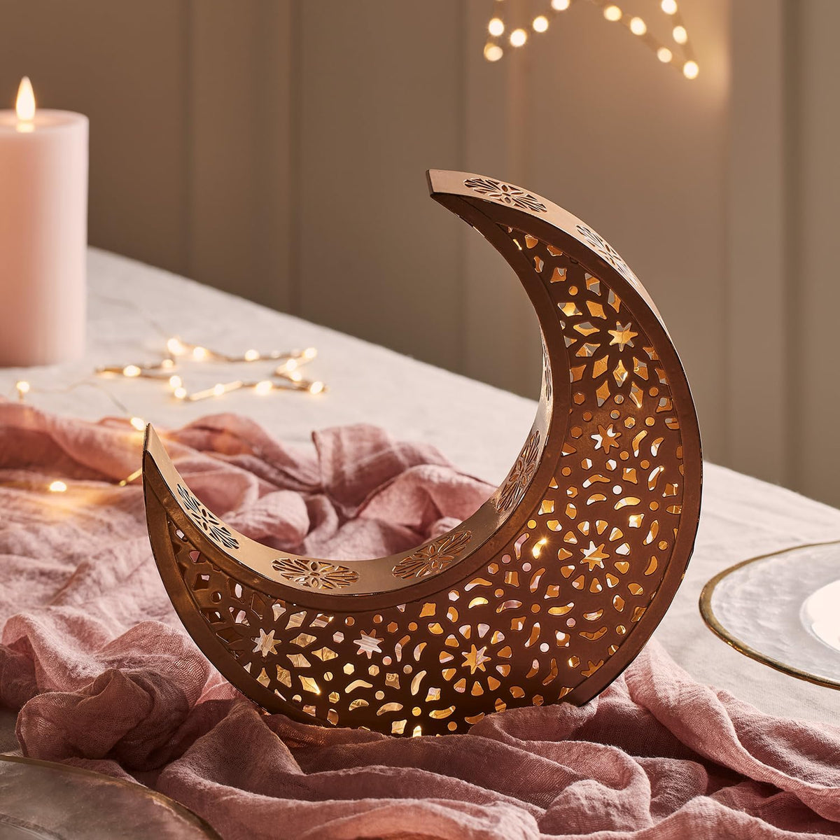 Ramadan Moon Light Table Centrepiece – 30 Warm White LEDs, Battery Operated with Timer – Indoor Eid Tabletop Decoration