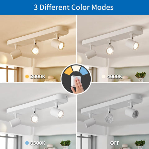 Ceiling light fixture with three different color modes displayed on a blue background.