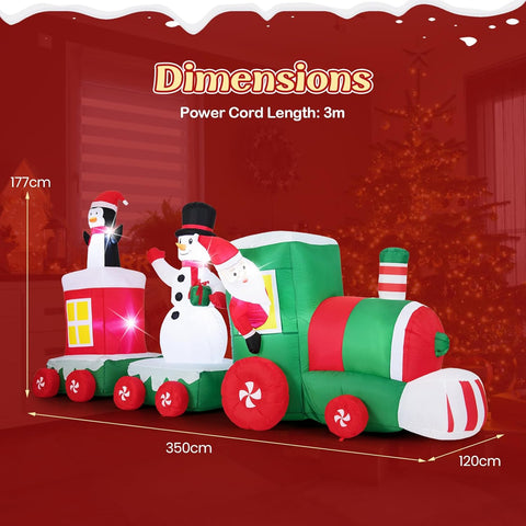 COSTWAY Inflatable Christmas Santa Claus on Red & Green Train – Built-in LED Lights, Self-Inflating Blow Up Xmas Decoration for Indoor Outdoor